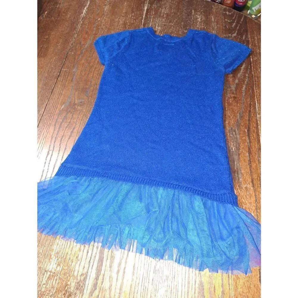 Sz 18 Justice Short Sleeve Blue Knit Sequin Sweater Tutu Dress Tulle Lined Skirt